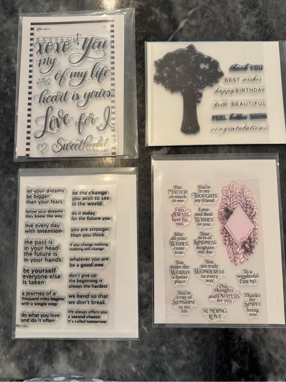 Bundle of 4 Clear Sentiment Stamp Sets. Various brands. Only 3 stamps used. EUC